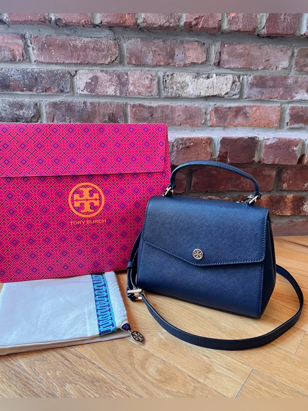 **SOLD** Tory Burch Navy Leather Robinson Small Top Handle Satchel Crossbody
